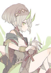 Rule 34 | 1girl, bare shoulders, closed mouth, commentary request, copyright request, detached sleeves, dress, feet out of frame, green dress, green eyes, green sleeves, grey hair, highres, horns, kikka (kicca choco), long sleeves, looking at viewer, ponytail, signature, solo, white background, wide sleeves