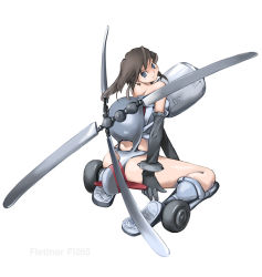 Rule 34 | 1girl, aircraft, ass, blue eyes, brown hair, female focus, flettner fl265, full body, helicopter, long hair, looking back, mecha musume, military, nano (nanosize), original, simple background, solo, white background