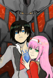 Rule 34 | 10s, 1boy, 1girl, bad id, bad pixiv id, black hair, blue eyes, commentary request, cookie9603, couple, darling in the franxx, green eyes, hair ornament, hairband, hand on another&#039;s chest, hetero, hiro (darling in the franxx), horns, long hair, long sleeves, looking at viewer, mecha, military, military uniform, necktie, oni horns, open clothes, open shirt, pink hair, red horns, red neckwear, robot, scar, scar on chest, short hair, strelizia, uniform, white hairband, zero two (darling in the franxx)