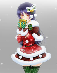 Rule 34 | blue hair, box, capelet, christmas, christmas ornaments, commentary request, covering own mouth, dress, fingerless gloves, fur-trimmed dress, fur trim, gift, gift box, gloves, green thighhighs, hair between eyes, hair ribbon, long hair, love live!, love live! school idol project, ribbon, roaru (gyuren), simple background, solo, sonoda umi, swept bangs, thighhighs, yellow eyes