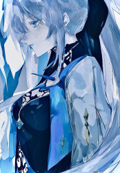 Rule 34 | 1girl, blue eyes, blue hair, blue lips, blue shirt, blue theme, breasts, closed mouth, expressionless, fate/grand order, fate (series), female focus, from side, lipstick, long hair, long sleeves, makeup, medium breasts, morgan le fay (fate), morgan le fay (queen of winter) (fate), pale skin, ponytail, profile, shirt, sidelocks, sketch, solo, tugu pi, upper body