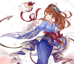 Rule 34 | 1girl, artist name, beatrix (granblue fantasy), belt, belt buckle, blue bow, blue hakama, blue kimono, blue sleeves, bow, breasts, brown belt, brown hair, buckle, commentary, cowboy shot, english commentary, eyelashes, fox mask, frilled sleeves, frills, granblue fantasy, green eyes, hair bow, hair ornament, hair scrunchie, hairpin, hakama, high ponytail, holding, holding ribbon, hollyyn, japanese clothes, kimono, large breasts, light blush, long hair, long sleeves, mask, open mouth, petals, pom pom (clothes), pom pom hair ornament, purple scrunchie, red bow, red ribbon, ribbon, scrunchie, short kimono, simple background, smile, solo, striped bow, teeth, unworn mask, upper teeth only, waist bow, watermark, white background, white mask, wide sleeves