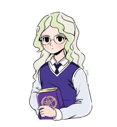 Rule 34 | 1girl, bad id, bad twitter id, blue necktie, blush, book, closed mouth, diana cavendish, expressionless, glasses, green hair, holding, holding book, little witch academia, long hair, looking at viewer, necktie, purple vest, rey 2911, shirt, simple background, solo, upper body, vest, white background, white shirt