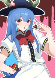 Rule 34 | 1girl, absurdres, bandaid, black headwear, blue hair, bow, bowtie, candy, center frills, chocolate, chocolate heart, commentary, food, frills, heart, highres, hinanawi tenshi, leaf, long hair, looking at viewer, outline, peach hat ornament, pink background, red bow, red bowtie, red eyes, sidelocks, solo, touhou, upper body, urizaku3, white outline
