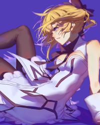 Rule 34 | 1girl, arm support, artoria pendragon (all), artoria pendragon (fate), bad anatomy, bad id, bad pixiv id, bare shoulders, black pantyhose, blonde hair, bow, breasts, cleavage, cleavage cutout, clothing cutout, fate/grand order, fate (series), frills, green eyes, hair bow, highres, long hair, pantyhose, parted lips, ponytail, red cucumber, saber (fate), saber lily, sitting, solo, wind