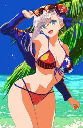 Rule 34 | 1girl, absurdres, american flag bikini, american flag print, beach, bikini, blue eyes, blue jacket, blue ribbon, breasts, bun cover, cleavage, collarbone, commentary request, commission, eyewear on head, fate/grand order, fate (series), flag print, grey hair, hair bun, hair ribbon, highres, jacket, large breasts, looking at viewer, miyamoto musashi (fate), miyamoto musashi (fate/grand order), miyamoto musashi (swimsuit berserker) (fate), miyamoto musashi (swimsuit berserker) (second ascension) (fate), navel, ocean, off shoulder, open clothes, open jacket, open mouth, outdoors, print bikini, ribbon, single hair bun, single side bun, skeb commission, smile, solo, sunglasses, swimsuit, water, xtango
