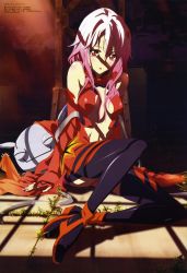 Rule 34 | 10s, 1girl, absurdres, black thighhighs, breasts, cleavage, detached sleeves, guilty crown, highres, igawa rena, long hair, long legs, megami magazine, non-web source, official art, pink hair, red eyes, solo, thighhighs, yuzuriha inori