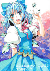 Rule 34 | 1girl, artist name, bad id, bad pixiv id, blue eyes, blue hair, bow, cirno, dress, ebimayo mbdf, hair bow, highres, ice, ice wings, looking at viewer, matching hair/eyes, open mouth, ribbon, sample watermark, short hair, solo, touhou, traditional media, watermark, wings