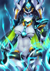 Rule 34 | 1girl, arm at side, between breasts, black hair, black sclera, blue background, blue eyes, blue hair, breasts, cameltoe, code maya, colored sclera, covered erect nipples, cowboy shot, detached collar, detached sleeves, electricity, elsword, fi-san, gloves, glowing, glowing eyes, gradient eyes, green hair, hat, highres, long hair, looking at viewer, matching hair/eyes, mecha musume, multicolored eyes, multicolored hair, necktie, no mouth, robot, short necktie, simple background, solo, spread fingers, thigh gap, white background