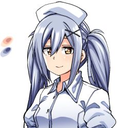 Rule 34 | + +, 1girl, blue hair, borrowed character, breasts, brown eyes, color guide, commentary request, eyebrows hidden by hair, hair ornament, hat, kaauchi, long hair, nurse, nurse cap, original, puffy sleeves, small breasts, smile, solo, twintails, upper body, x hair ornament