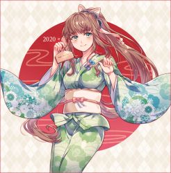 1girl 2020 alternate_costume alternate_hair_ornament argyle_background argyle_clothes blush brown_hair commentary cowboy_shot doki_doki_literature_club ema floral_print green_eyes green_kimono hair_ornament japanese_clothes kimono long_hair looking_at_viewer monika_(doki_doki_literature_club) obi ponytail print_kimono sash smile solo very_long_hair wide_sleeves yuiki_yuu