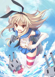 Rule 34 | &gt;:d, 10s, 1girl, :3, :d, anchor, blonde hair, blue skirt, brown eyes, cross (crossryou), elbow gloves, gloves, hairband, hong bai, kantai collection, lifebuoy, long hair, navel, ocean, open mouth, patterned legwear, rensouhou-chan, shimakaze (kancolle), skirt, smile, striped clothes, striped thighhighs, swim ring, thighhighs, two-tone stripes, v-shaped eyebrows, white gloves