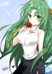 Rule 34 | 1girl, arm behind back, artist name, black skirt, blush, breasts, closed mouth, commentary request, cowboy shot, eyelashes, eyes visible through hair, falling petals, floating hair, flower, green eyes, green hair, hair ribbon, half updo, hand up, higurashi no naku koro ni, holding, holding flower, impossible clothes, large breasts, blue background, long hair, looking at viewer, parted bangs, petals, red flower, red rose, ribbed sweater, ribbon, rose, rose petals, sidelocks, simple background, skirt, sleeveless, sleeveless turtleneck, smile, solo, sonozaki shion, standing, suzuragi karin, sweater, turtleneck, turtleneck sweater, very long hair, yellow ribbon