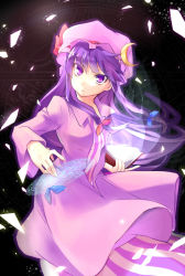 Rule 34 | 1girl, book, crescent, dress, female focus, frown, glowing, gradient background, hair ribbon, hat, highres, k.ei, long hair, magic circle, patchouli knowledge, purple eyes, purple hair, ribbon, solo, touhou