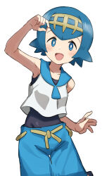 1girl absurdres bare_shoulders blue_eyes blue_hair blush bright_pupils circlet collarbone cowboy_shot creatures_(company) facing_viewer game_freak gazacy_(dai) hand_up highres lana_(pokemon) looking_at_viewer nintendo open_mouth pokemon pokemon_sm sailor_collar short_hair solo swimsuit swimsuit_under_clothes thigh_gap white_background white_pupils