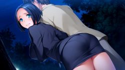 Rule 34 | 1boy, 1girl, arm grab, ass, blue eyes, blue hair, breasts, clenched teeth, dutch angle, forest, formal, from behind, fushimi azusa, game cg, jacket, kagami makoto (nanairo reincarnation), large breasts, legs, looking back, nanairo reincarnation, nature, night, outdoors, pantylines, pencil skirt, scared, short hair, skirt, skirt suit, sky, standing, suit, sumeragi kohaku, sweat, teeth, thighs, tree