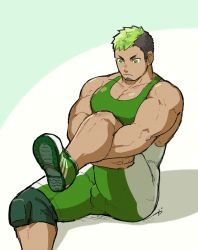 Rule 34 | 1boy, bara, black hair, bulge, dark-skinned male, dark skin, facial hair, foot out of frame, goatee, green hair, ikusaba daisuke, kaniharu, large pectorals, leg up, male focus, multicolored hair, muscular, muscular male, pectoral cleavage, pectoral lift, pectorals, shoes, short hair, sideburns, sidepec, sitting, sneakers, solo, stretching, taurus mask, thick thighs, thighs, tokyo houkago summoners, two-tone hair, wrestling outfit