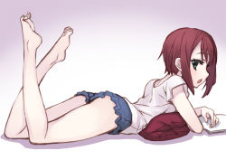 Rule 34 | 10s, 1girl, bad id, bad pixiv id, bare legs, barefoot, book, brown hair, casual, feet, green eyes, kosaka yukiho, legs, legs up, looking at viewer, love live!, love live! school idol project, lying, matsuryuu, on stomach, open book, open mouth, pillow, profile, short hair, short shorts, shorts, sketch, solo, thighs, toes