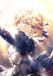 Rule 34 | 1girl, angry, aqua eyes, armor, artoria pendragon (fate), blonde hair, braid, breastplate, commentary request, crown braid, excalibur (fate/stay night), fate/stay night, fate (series), h sueun, hair ribbon, highres, light particles, light rays, open mouth, ribbon, saber (fate), signature, solo, upper body