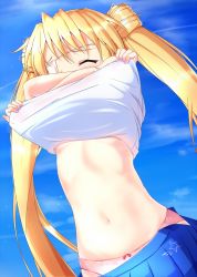 Rule 34 | 1girl, blonde hair, blue skirt, blue sky, breasts, clothes lift, clothes pull, day, eyepatch, closed eyes, floating hair, lifting own clothes, long hair, midriff, miniskirt, nakatsu shizuru, navel, open clothes, open skirt, outdoors, panties, pink panties, pleated skirt, red ribbon, rewrite, ribbon, shirt, shirt lift, skirt, skirt pull, sky, small breasts, solo, standing, stomach, tagame (tagamecat), twintails, underboob, underwear, very long hair, white shirt