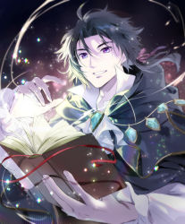 Rule 34 | 1boy, ahoge, black hair, book, cyrus (octopath traveler), jewelry, long sleeves, looking at viewer, male focus, oboro keisuke, octopath traveler, octopath traveler i, parted bangs, pendant, purple eyes, robe, shirt, short hair, smile, solo, sparkle, upper body