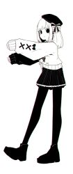 Rule 34 | beret, black eyes, black footwear, black hat, black skirt, boots, bow, cardigan, chromatic aberration, clenched hands, closed mouth, dancing, dot nose, film grain, frilled skirt, frills, full body, hair ornament, hat, hatyuuruinohito, highres, long legs, long sleeves, looking at viewer, looking to the side, medium hair, meme, miniskirt, monochrome, nijisanji, outstretched arms, oversized clothes, pantyhose, pleated skirt, simple background, skirt, sleeves past wrists, smile, solid circle eyes, solo, suzuhara lulu, two-tone bow, virtual youtuber, white background, x hair ornament