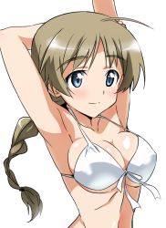 Rule 34 | 1girl, arm behind head, arm up, armpits, bikini, bikini top only, blue eyes, blush, braid, breasts, brown hair, cleavage, front-tie top, large breasts, long hair, lynette bishop, shiny skin, simple background, single braid, smile, solo, strap gap, strike witches, swimsuit, white background, world witches series, yumekaranigeruna