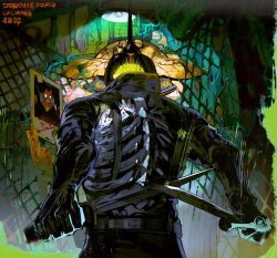 Rule 34 | 1boy, armor, belt, black gloves, black jacket, bug, caiman (dorohedoro), ceiling light, chain-link fence, dorohedoro, dual wielding, facing away, fence, from behind, gloves, highres, holding, holding knife, jacket, knife, lamp, lizardman, long sleeves, looking at viewer, male focus, nano (c175311), ofuda, photo (object), reptile boy, reverse grip, roots, signature, solo, spikes, tentacles, unworn gloves, upper body