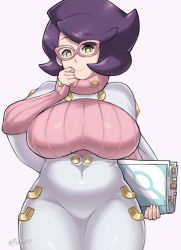 Rule 34 | 1girl, artist name, artsheops, big hair, breasts, buttons, closed mouth, commentary, cowboy shot, creatures (company), english commentary, eyelashes, game freak, glasses, green eyes, grey background, hand up, heart, heart-shaped pupils, highres, holding, long sleeves, looking at viewer, nintendo, pink-framed eyewear, pink sweater, poke ball print, pokemon, pokemon sm, purple hair, ribbed sweater, sleeves past wrists, smile, solo, sweater, symbol-shaped pupils, watermark, wicke (pokemon)