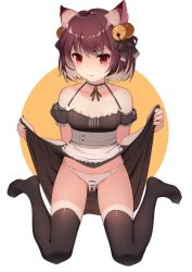 Rule 34 | 1girl, animal ears, apron, bare shoulders, bell, black choker, black dress, black ribbon, black thighhighs, breasts, brown hair, cat ears, censored, choker, closed mouth, clothes lift, collarbone, commentary request, copyright request, detached sleeves, dress, frilled choker, frills, gin00, gluteal fold, groin, hair ribbon, halter dress, halterneck, highres, ichihime (mahjong soul), jingle bell, lifted by self, looking at viewer, mahjong, mahjong soul, mahjong tile, maid apron, nail polish, no shoes, panties, puffy short sleeves, puffy sleeves, red eyes, red nails, ribbon, short hair, short sleeves, sitting, skirt, skirt lift, small breasts, solo, thighhighs, underwear, v-shaped eyebrows, wariza, white apron, white panties