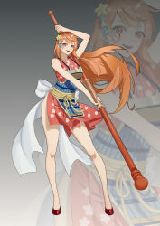 Rule 34 | absurdres, arm up, armor, bare shoulders, clima-tact, dress, earrings, full body, hair ornament, highres, holding, holding weapon, japanese armor, japanese clothes, jewelry, kimono, legs, long hair, looking at viewer, nami (one piece), one piece, open mouth, orange eyes, orange hair, red footwear, sleeveless, weapon, witeak