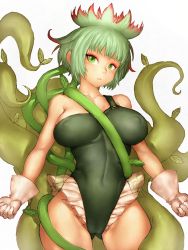 Rule 34 | 1girl, bare shoulders, blush, breasts, covered erect nipples, covered navel, fumio (rsqkr), gloves, gluteal fold, green eyes, green hair, hip focus, large breasts, leotard, looking at viewer, monster girl, plant girl, short hair, solo, thighs, white gloves