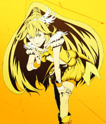 Rule 34 | 02akst, 10s, 1girl, blonde hair, cure peace, hair flaps, hand on own knee, highres, kise yayoi, long hair, looking at viewer, magical girl, one eye closed, ponytail, precure, smile precure!, solo, yellow background, yellow eyes, yellow theme