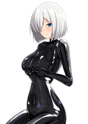 Rule 34 | 1girl, absurdres, black bodysuit, blue eyes, bodysuit, breast lift, breasts, collarbone, covered navel, closed eyes, grey hair, hair ornament, hair over one eye, hairclip, hamakaze (kancolle), highres, hiuyec, impossible bodysuit, impossible clothes, kantai collection, large breasts, latex, latex bodysuit, short hair, simple background, sitting, skin tight, smile, solo, sweat, white background