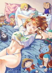 Rule 34 | bed, brook (one piece), crop top, female focus, franky (one piece), hat, highres, jinbe (one piece), money, monkey d. luffy, murilo engler, nami (one piece), navel, nico robin, one piece, pillow, roronoa zoro, sanji (one piece), seductive smile, smile, solo, solo focus, straw hat, straw hat pirates, stuffed toy, thong, tony tony chopper, usopp