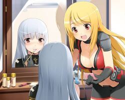 Rule 34 | 2girls, applying makeup, armor, black gloves, black shorts, blonde hair, blush, breasts, cleavage, clothing cutout, cosmic break, cosmic break 2, crimrose, cross, glass, gloves, ivis, large breasts, long hair, multiple girls, official art, open mouth, red eyes, reflection, second-party source, shorts, shoulder armor, smile, stomach cutout, very long hair, wakaba sprout, white hair