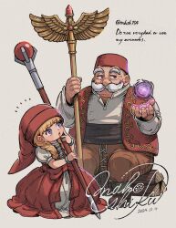 1boy 1girl 2024 black_sash blonde_hair blunt_bangs bow bracelet braid commentary_request dated dragon_quest dragon_quest_xi dress english_text facial_hair grey_background hat highres holding holding_staff jewelry looking_at_object looking_to_the_side low_twin_braids mage_staff magic mhsk154 mustache old old_man open_mouth puffy_short_sleeves puffy_sleeves purple_eyes red_bow red_dress red_hat red_vest row_(dq11) sash shirt short_sleeves sitting staff thick_eyebrows twin_braids twitter_username veronica_(dq11) vest waist_bow white_hair white_shirt wrinkled_skin