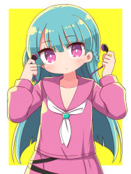 Rule 34 | 1girl, blue hair, blush, braid, closed mouth, collarbone, commentary request, dohna dohna issho ni warui koto o shiyou, earbuds, earphones, hair between eyes, hands up, highres, holding, holding earphones, long hair, long sleeves, looking at viewer, mob (dohna dohna), naga u, pink sailor collar, pink serafuku, pink shirt, pink skirt, puffy long sleeves, puffy sleeves, purple eyes, sailor collar, school uniform, serafuku, shirt, skirt, solo, two-tone background, very long hair, white background, yellow background
