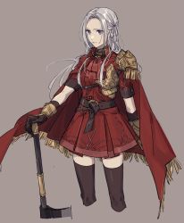 Rule 34 | 1girl, blonde hair, breasts, cape, closed mouth, ascot, dress, edelgard von hresvelg, fire emblem, fire emblem: three houses, gloves, hair ornament, hair ribbon, highres, long hair, long sleeves, looking at viewer, nanao parakeet, nintendo, purple eyes, red cape, ribbon, simple background, skirt, smile, solo, sword, thighhighs, weapon, white hair
