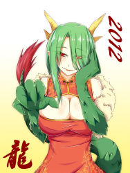Rule 34 | 10s, 1girl, 2012, bare shoulders, blush, breasts, china dress, chinese clothes, cleavage, cleavage cutout, clothing cutout, dragon girl, dragon horns, dragon tail, dream demon, dress, feather boa, green hair, hair over one eye, half-closed eyes, hand on own chin, horns, huge breasts, long hair, monster girl, original, red eyes, scales, smile, solo, tail
