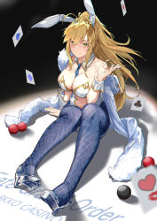 Rule 34 | 1girl, ahoge, animal ears, artoria pendragon (all), artoria pendragon (fate), artoria pendragon (swimsuit ruler) (fate), ball, bare shoulders, bkko, black background, blonde hair, blue necktie, blue pantyhose, blush, braid, breasts, card, cleavage, closed mouth, clothing cutout, copyright name, cup, detached collar, drinking glass, fake animal ears, fate/grand order, fate (series), fishnet pantyhose, fishnets, french braid, green eyes, hair between eyes, high heels, highres, knees up, large breasts, legs, leotard, long hair, looking at viewer, navel, navel cutout, necktie, pantyhose, playboy bunny, playing card, ponytail, rabbit ears, sidelocks, sitting, smile, solo, thighs, tiara, white leotard, wine glass, wrist cuffs