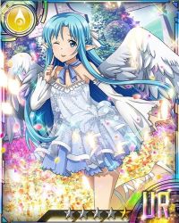 Rule 34 | 10s, 1girl, ankle ribbon, asuna (sao), asuna (sao-alo), blue dress, blue eyes, blue hair, blue ribbon, breasts, card (medium), cleavage, detached sleeves, dress, feathered wings, index finger raised, leg ribbon, leg up, long hair, matching hair/eyes, neck ribbon, one eye closed, pointy ears, ribbon, see-through silhouette, small breasts, solo, star (symbol), sword art online, tongue, tongue out, white ribbon, white wings, wings
