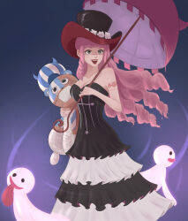 Rule 34 | 1girl, absurdres, arm tattoo, blunt bangs, cocoyashin, dress, drill hair, flower, ghost, hat, highres, holding, holding umbrella, kumacy, long hair, looking to the side, mask, mouth mask, one piece, open mouth, perona, pink hair, rose, sidelocks, smile, solo, strapless, strapless dress, tattoo, tongue, tongue out, top hat, umbrella, white flower, white rose