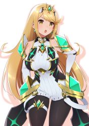 Rule 34 | 1girl, :o, armor, bad id, bad twitter id, bare shoulders, black pantyhose, blush, breasts, cowboy shot, dress, earrings, elbow gloves, faulds, gem, gloves, hand on own hip, highres, impossible clothes, impossible dress, jewelry, large breasts, looking at viewer, mokki, mythra (massive melee) (xenoblade), mythra (xenoblade), nintendo, open mouth, pantyhose, short dress, shoulder armor, sidelocks, simple background, solo, super smash bros., swept bangs, thigh strap, tiara, tsundere, white background, white dress, white gloves, xenoblade chronicles (series), xenoblade chronicles 2, yellow eyes
