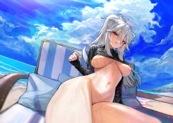 Rule 34 | 1girl, :q, absurdres, animal ears, beach, beach chair, blue eyes, blue sky, blush, bottomless, breasts, cleft of venus, cloud, day, eyelashes, grey hair, hair between eyes, highres, hololive, large breasts, lion ears, lion girl, long hair, long sleeves, looking at viewer, nipples, ocean, outdoors, ponytail, pussy, shishiro botan, sitting, sky, solo, sweat, swimsuit, thighs, tongue, tongue out, urokong, virtual youtuber