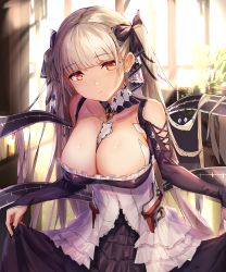 Rule 34 | 1girl, absurdres, azur lane, bare shoulders, between breasts, black dress, black nails, blush, breasts, cleavage, curtsey, dress, earrings, flight deck, formidable (azur lane), frilled dress, frills, grey hair, hair ornament, hair ribbon, highres, jewelry, large breasts, leaning forward, long hair, long sleeves, looking at viewer, manichi, nail polish, red eyes, ribbon, rigging, skirt hold, solo, twintails