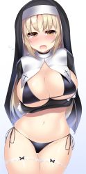 Rule 34 | 1girl, arm under breasts, bikini, black bikini, blonde hair, blush, breasts, cowboy shot, cross, crossed arms, curvy, flying sweatdrops, gloves, gradient background, habit, highres, kutan, large breasts, long hair, long sleeves, looking at viewer, micro bikini, navel, nijisanji, nose blush, nun, open mouth, parted bangs, shrug (clothing), side-tie bikini bottom, sister claire, sister claire (1st costume), solo, swimsuit, thigh strap, virtual youtuber, white gloves, yellow eyes