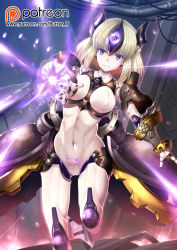 Rule 34 | 1girl, android, automaton (monster girl encyclopedia), blonde hair, body writing, breasts, butter-t, closed mouth, commentary, energy, energy gun, expressionless, firing, firing at viewer, gears, glowing, gun, horns, joints, large breasts, looking at viewer, mechanical horns, monster girl encyclopedia, monster girl encyclopedia ii, navel, outstretched arm, pale skin, patreon logo, patreon username, pubic tattoo, purple eyes, robot girl, robot joints, short hair, solo, steampunk, tattoo, third eye, watermark, weapon, web address