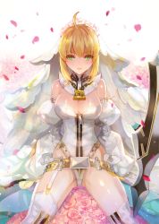 Rule 34 | 10s, 1girl, ahoge, arm strap, arm support, astarone, bare shoulders, belt, belt skirt, blonde hair, blurry, bodysuit, breasts, buckle, center opening, chain, cleavage, closed mouth, cowboy shot, depth of field, detached collar, detached sleeves, eyebrows, fate/extra, fate/extra ccc, fate (series), flower, full-length zipper, garter straps, gloves, green eyes, hip focus, large breasts, leotard, light particles, light smile, lock, looking at viewer, narrow waist, nero claudius (bride) (fate), nero claudius (bride) (second ascension) (fate), nero claudius (fate), nero claudius (fate) (all), padlock, pink flower, pink rose, planted, planted sword, planted weapon, puffy detached sleeves, puffy sleeves, rose, short hair with long locks, sidelocks, sitting, smile, solo, spread legs, strapless, strapless leotard, sword, thighhighs, thighs, turtleneck, veil, weapon, white gloves, white leotard, white thighhighs, zipper