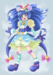 Rule 34 | 10s, 1girl, :d, animal ears, bear ears, bloomers, blue background, blue bow, blue eyes, blue footwear, blue hair, blue socks, blush, bow, brooch, chocokin, cure gelato, cure mofurun, full body, fusion, hat, hat bow, jewelry, kirakira precure a la mode, kneehighs, long hair, magical girl, mahou girls precure!, mini hat, mini witch hat, open mouth, pink bow, precure, puffy sleeves, see-through, shoes, simple background, single kneehigh, single sock, smile, socks, solo, sparkle, standing, striped clothes, striped socks, underwear, witch hat, yellow hat
